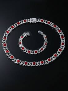 1 Set Men's Hip Hop Style Red Heart Pendant Necklace And Bracelet Set