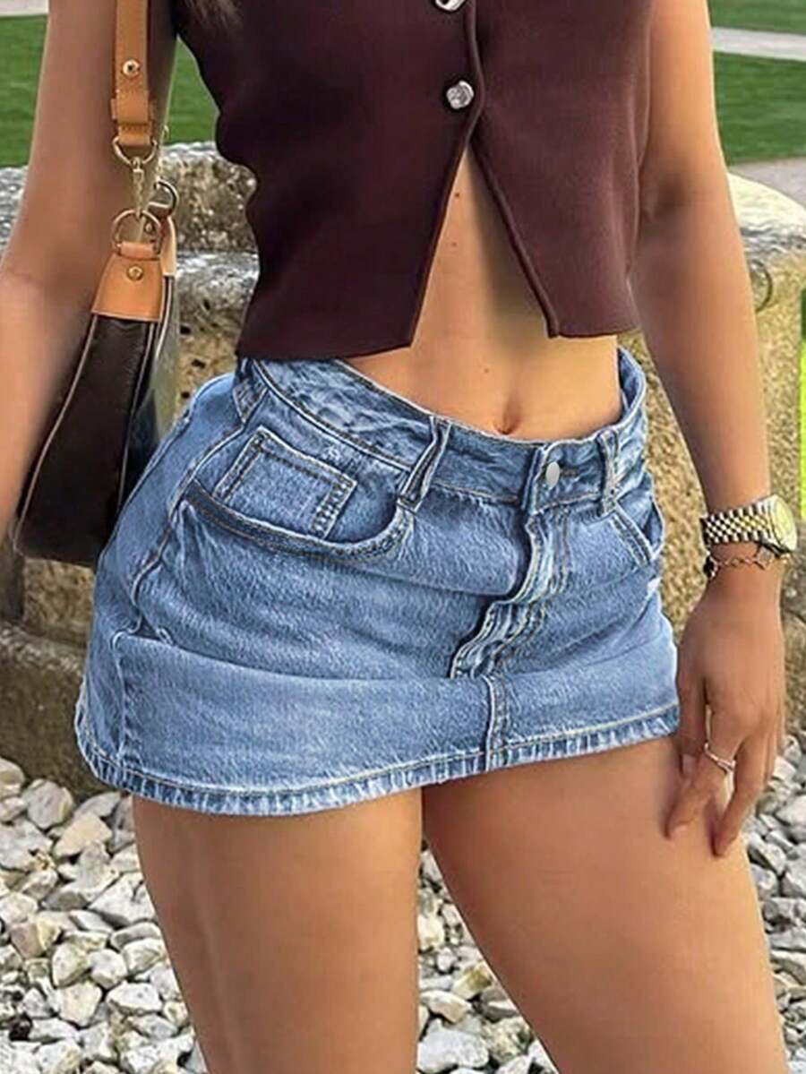 New Arrival Sweet & Spicy Y2K Denim Mini Skirt With Multiple Pockets - Rửa nhẹ - Xem 1