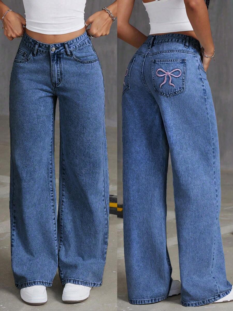 Teen Girl's Loose Fitting Butterfly Print Denim Wide-Leg Pants, Versatile - Dark Wash - View 1