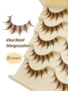 Rikuaild 5 Pairs Cartoon Style False Eyelashes, Brown, Anime Style, Natural Thin & Soft Brown Lash Extension, Reusable Transparent Band, Natural Japanese & Korean Style False Lashes, Strip Eyelashes - 尖尾漫畫款 - 查看 5