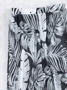 Tropical Print High Slit 3 Piece Bikini Set, Summer Beach Cover Up, 3 Pieces Beach And Vacation Outfits Set For Women: Ruched Strappy Bikini Swimsuit Set With Hard Cup + Semi-Sheer Botanical Print Bottoms - 黑色 - 查看 5