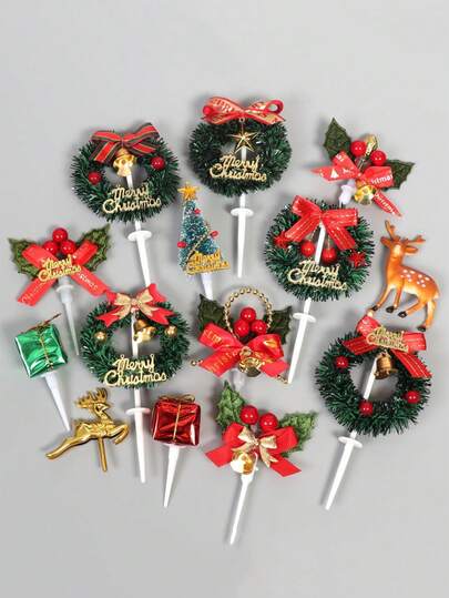 Christmas Cake Decorations - Wreath Leaves, Deer, Christmas Tree Gift Box, Birthday Baking Dessert Table Flags