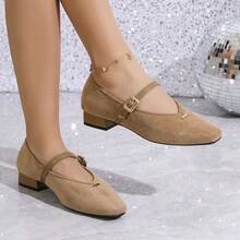 Sapatilhas de bailarina femininas elegantes, confortáveis, estilo balé, bico quadrado, tira preta, minimalistas, adequadas para festas, banquetes, feriados, boates, saltos grossos versáteis - Caqui - Ver 5