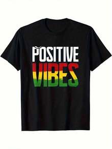 Camiseta Reggae de Vibra Positiva para Hombre - Negra con Impresión de Gradiente Colorido, 100% Algodón, Cuello Redondo, Manga Corta, Casual y Cómoda para Atuendo Casual, Camiseta de Uso Diario con Impresión de Gradiente Vibrante 100% Algodón - Negro - Ver 1