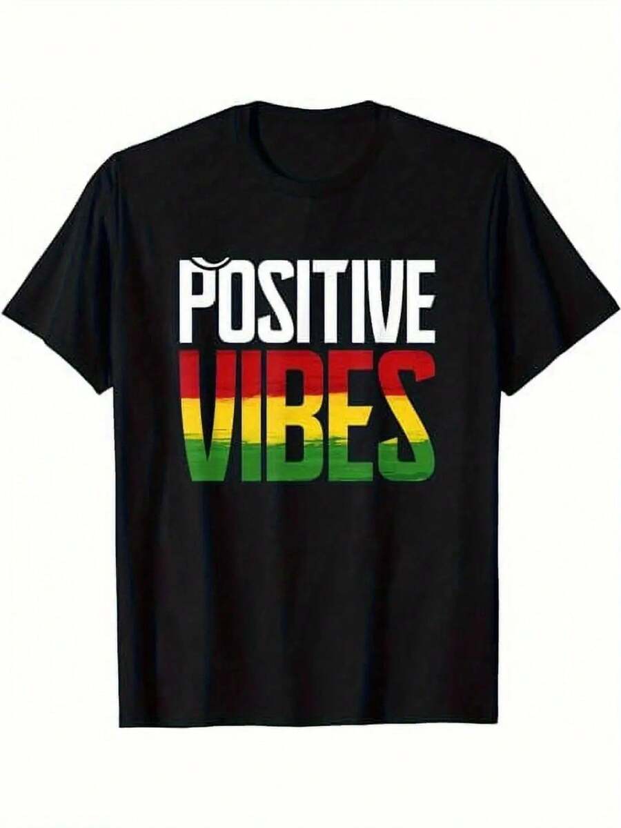 Camiseta Reggae de Vibra Positiva para Hombre - Negra con Impresión de Gradiente Colorido, 100% Algodón, Cuello Redondo, Manga Corta, Casual y Cómoda para Atuendo Casual, Camiseta de Uso Diario con Impresión de Gradiente Vibrante 100% Algodón - Negro - Ver 1