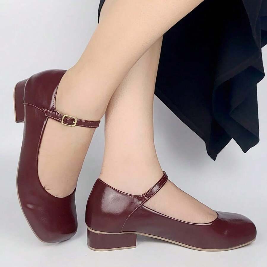 Salto Feminino Vinho Bordô Vermelho Marsala Modelo Boneca Napa Couro Fake Fivela 2,5cm Confort Moda - Vinho - Visão 1