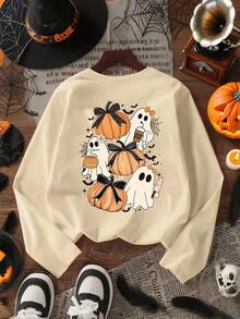 1pc Beverage Print Long Sleeve T-Shirt, Spring/Autumn, Young Student Clothing For Tween Girls, Halloween Top For Tween Girls - Apricot - View 1