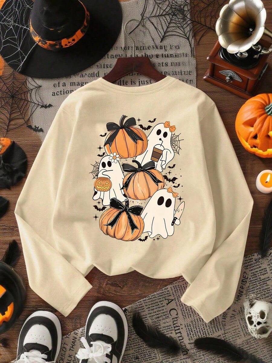 1pc Beverage Print Long Sleeve T-Shirt, Spring/Autumn, Young Student Clothing For Tween Girls, Halloween Top For Tween Girls - Apricot - View 1