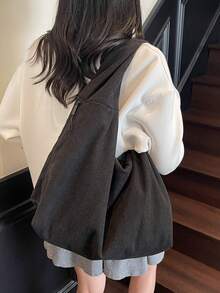 新款纯色休闲单肩流浪包，大容量灯芯绒托特包，女士腋下包带拉链，适合逛街、通勤、上班上学，适合大学生、白领、菜鸟。 - 黑色 - 查看 2