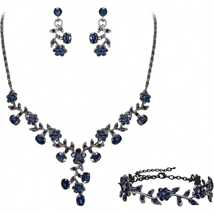 Cristal Austriaco Bola de Boda Flor Hoja Collar Pendientes Conjunto Iridiscente - Azul Negro-Tono - Ver 1