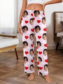 Pantalon de pyjama personnalisé pour femmes Printstory, design de portrait de couple personnalisé, vêtements de détente confortables et décontractés, pour la famille, jambe large, cadeau personnalisé, anniversaire - Rose bonbon - Voir 4