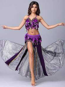 女士肚皮舞服装套装，包括露脐上衣、胸罩、臀巾和开衩裙，适合万圣节 - 彩色 - 查看 22