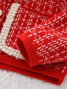 冬季毛衣套装年轻女孩优雅长袖翻领单排扣外套和红色格子裙秋季 2 件套 - 紅色 - 查看 5