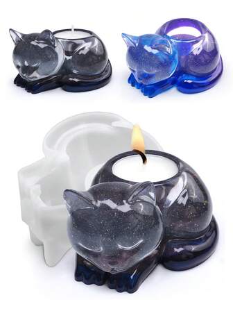 1 pieza Molde de silicona en forma de gato para candelabro, molde para maceta, molde para portavelas, molde para maceta de suculentas de cemento o arcilla, artesanía hecha a mano, decoración del hogar