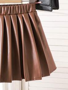 3pcs Fashion Girls Toddler Wool Vest Jacket, Long Sleeve Knit Top And Faux Leather Skirt Set, Spring/Autumn - Chocolate Brown - View 6