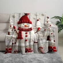 [Cozy Blanket] Soft & Warm Cozy Snowman & Tree Pattern Flannel Blanket| Anti-Ball Design, Sofa, Bed, Office Or Travel, Festive Holiday Decor, Decorations 280gsm Room Decor Home Essentials Decor Bedroom