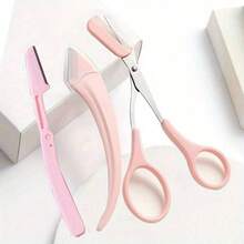 3-In-1 Eyebrow Trimmer Set Stainless Steel Curved Eyebrow Trimmer Eyebrow Trimmer With Comb Beauty Tools For Beginners Suitable For Any Skin Type Hair Removal Accessories Unisex,Eyebrow Clippers/Crescent Shaped Eyebrow Trimmer,  Novice Eyebrow Scraper, Male/Female Exclusive Set - 粉紅色-3件套 - 查看 5