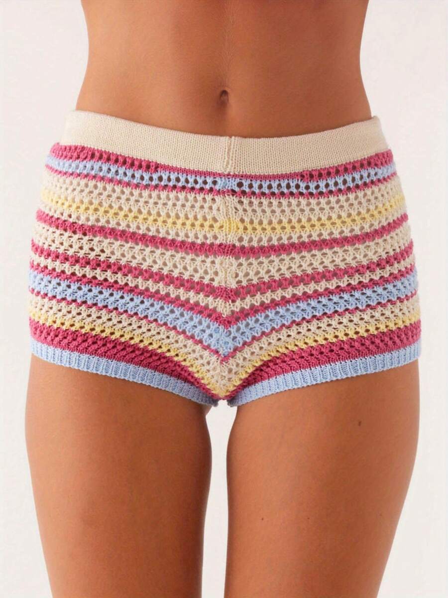 Women's Knitted Shorts Casual Stylish Colorful Contrast Striped Elastic Mid Rise Shorts - Pink - View 1