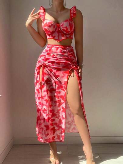 3pcs Set: Luxury Mature Charm Ruffle Strap Sexy Sheer Blouse + Front Ribbon Bow Side High Slit Skirt + Thong