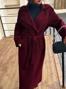 DEEKA Autumn/Winter New Women's Fashion Classic Double-Breasted Trench Coat, Burgundy Wool Coat - Burgundy - View 2
