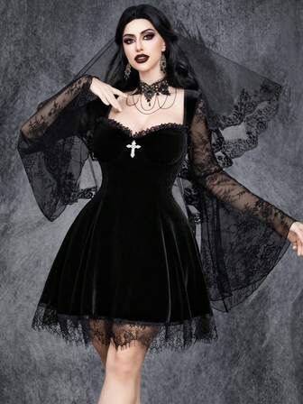 女式哥特式性感暗黑华丽复古浪漫万圣节女巫袖角色扮演蕾丝十字装饰拼接天鹅绒弹力连衣裙