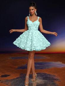 Anymoon Elegant Lace Strap Applique Prom Dress - Green - View 8