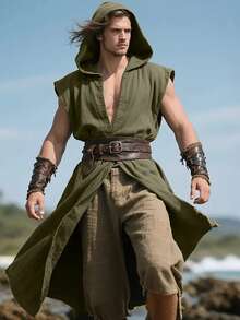 1 قطعة رداء طويل ذو غطاء أمامي مفتوح بطراز عتيق وسط العصور الوسطى، باللون الأحمر أو الأسود أو الأخضر، مناسب لحفلات الهالوين والكرنفالات والأعياد والأزياء المسرحية وتنكر فايكنج