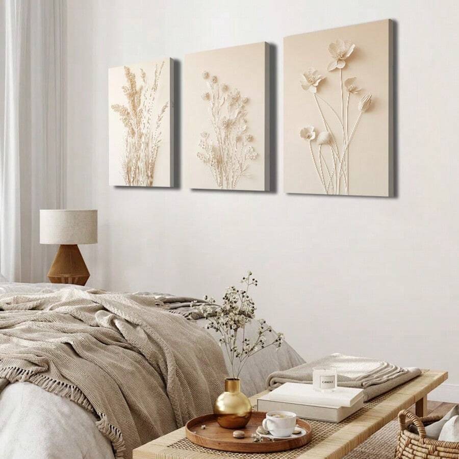 3 buc. Tablou decorativ botanic neutru pe pânză - Imprimeuri florale minimaliste cu tonuri de bej - Decor modern inspirat de natură pentru living, dormitor, birou și casă