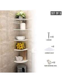 5 Layer Wall-Mounted Corner Shelf , Wall-Mounted Storage Display Rack, White Floating Corner Shelf, Corner Bookshelf, Plant Wall Shelf For Bedroom, Living Room, Bathroom, Home Office - trắng - Xem 2