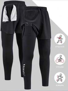 Men's 2-In-1 Sports Pants, Elastic Fitness Trousers With Printed Leg Hems And Pockets, Suitable For Sports, Fitness And Outdoor Cycling - Black - View 2