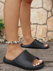 女士时尚柔软皮革质感简约EVA静音鞋底拖鞋，户外沙滩凉鞋 - 黑色 - 查看 6