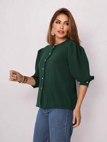 Smile Fashion   camisa feminina manga 3/4 com botao abrir tecido duna