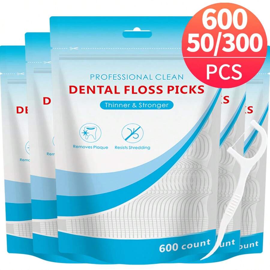 600pcs/300pcs/50pcs Dental Floss Sticks, Interdental Brushes For Deep Cleaning Of Dental Floss, Suitable For Travel, Home Use, And High-Value Household Dental Floss. Plastic Toothpicks In Bags For One-Time Cleaning Of Interdental Food Residue - 白色 - 查看 1