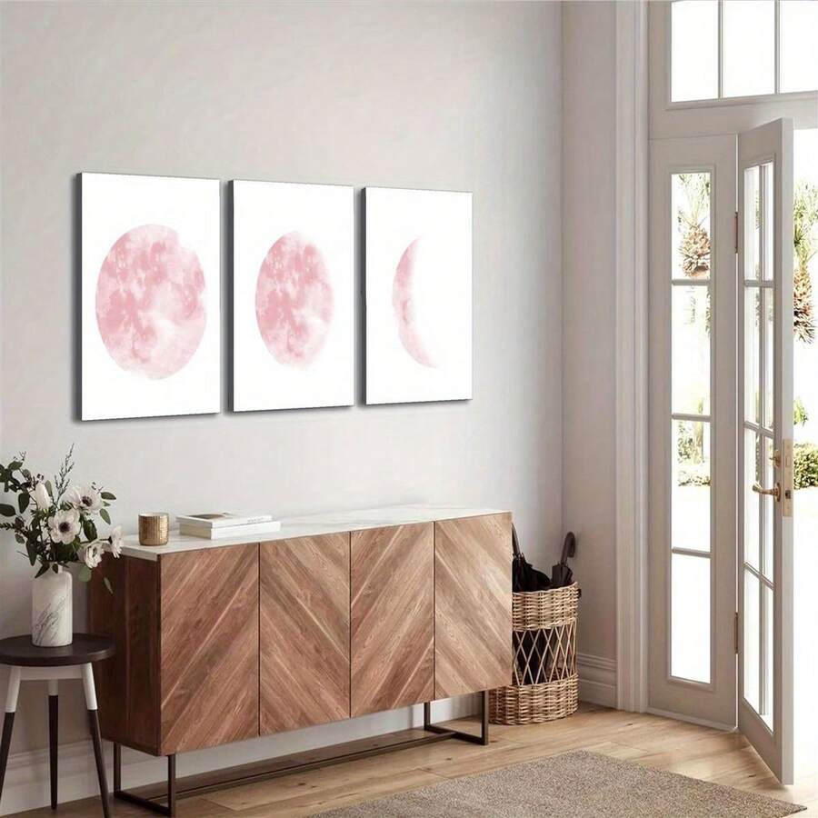 3pcs Wooden Framed Pink Moon Phases Print, Blush Pink Room Decor, Modern Minimalist Poster Painting, Creative Canvas Poster, Waterproof Canvas Wall Art, Artwork Wall Painting For Gift, Bedroom, Office, Living Room Decor, Home And Dormitory Decoration