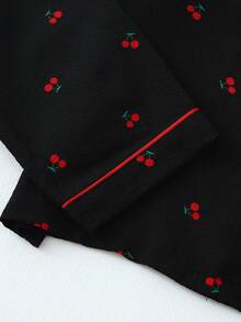 طقم بيجامة مطبوع بالكرز 2 قطعة، ملابس علوية بياقة وأزرار طويل الأكمام وبنطلون، ملابس نوم وملابس منزلية للنساء، مناسب للخريف/الشتاء