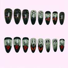 Halloween Bat Nails Rose Flower Design Fake Nails Glossy Long Almond Black Press On Nails Glossy Full Cover French Tip Gothic Press Ons Nail Goth For Women DIY Halloween Nails 24 Pcs,17114487 - 杏色 - 查看 2