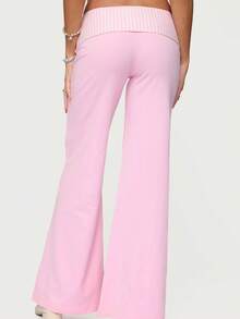 High-Waisted Flare Pants For Women - Vintage 70s Wide Leg Trousers With Roll-Up Hem , Casual/Office/Summer To Fall - 粉色 - 查看 3