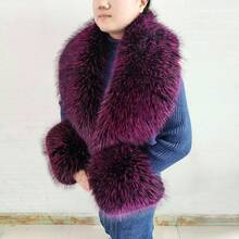 Fur Collar Cuffs Set Warm Fur Scarf Winter Women Fluffy Large Shawl Furry Scarves - Purplish Red - 查看 3