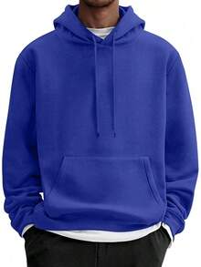 Men Cotton Fleece Hooded Sweatshirt Casual Long Sleeve Hoodies Pullover Fashion Drawstring Hoodie With Kanga Pocket - 寶藍色 - 查看 1