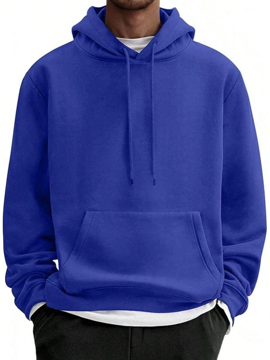 Men Cotton Fleece Hooded Sweatshirt Casual Long Sleeve Hoodies Pullover Fashion Drawstring Hoodie With Kanga Pocket - 寶藍色 - 查看 1