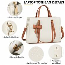 15.6 英寸女士笔记本电脑包，防水皮革笔记本电脑公文包，大号轻便商务办公包 - 白色 - 查看 5