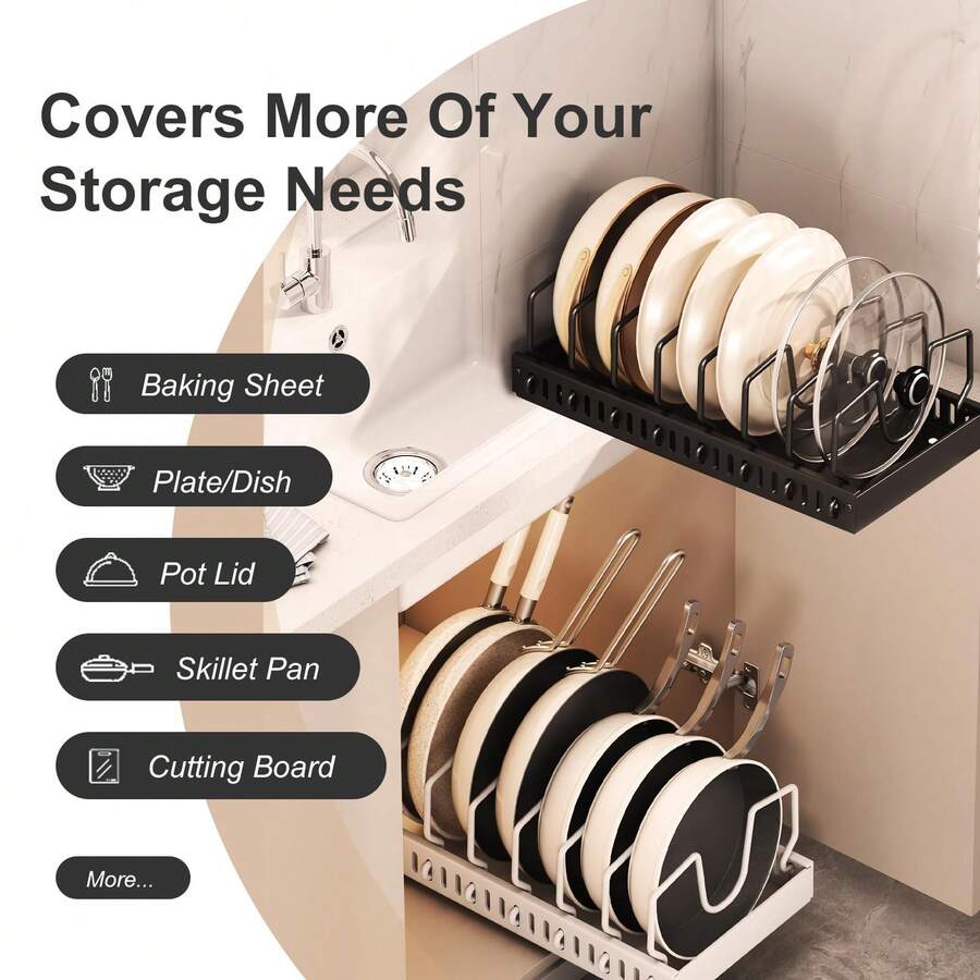 橱柜下锅碗瓢盆收纳架 2 件装 - 拉出式橱柜收纳架，带 7 个可调节隔板，可收纳锅盖、烘焙用具、餐具、炊具 | 节省空间的厨房储物架，橱柜滑出式收纳架，厨房橱柜餐具架，家居装饰，派对和圣诞节收纳 - 黑色 - 查看 1