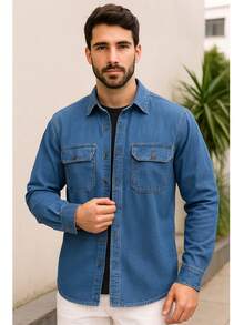 Men's Denim Jacket Long Sleeve Button Down Autumn Spring/Fall Regular Fit Pocket - 淺色水洗藍 - 查看 5