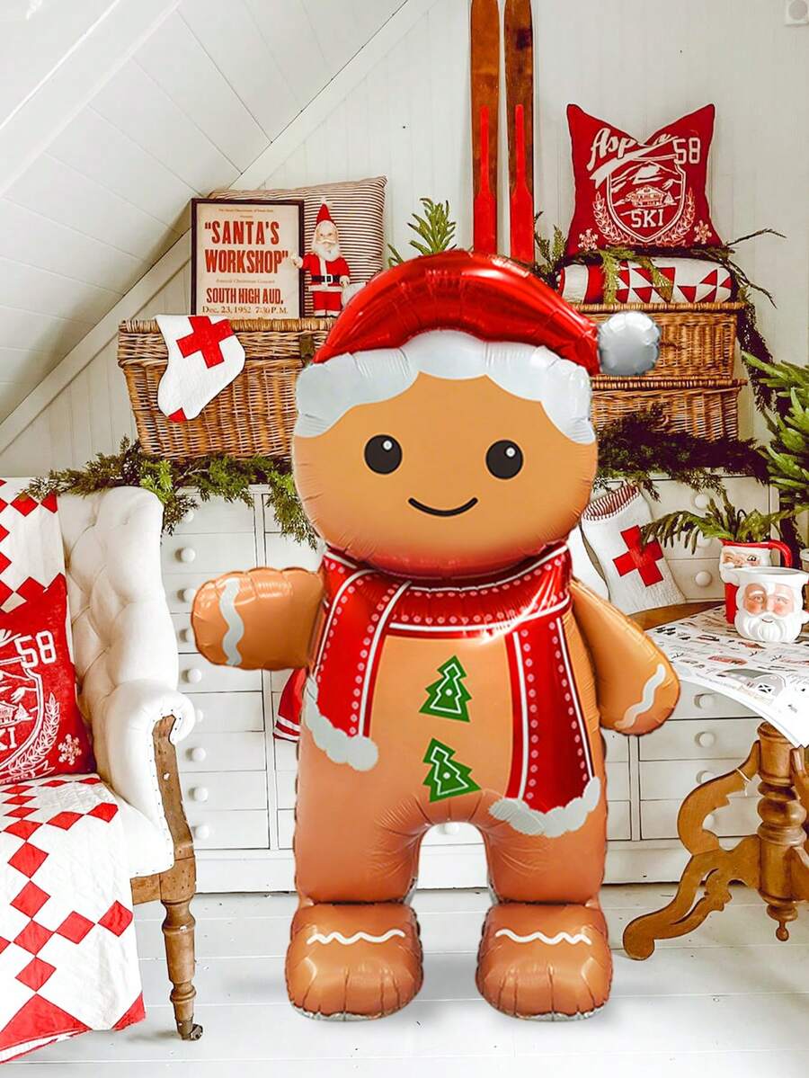 1 balão fofo de boneco de gengibre, balão de pé, adequado para decoração de Natal, decoração de festa de ano novo, decoração de festa de Natal, decoração de ano novo de 2026, decoração de festa de inverno, artigos para festas de fim de ano
