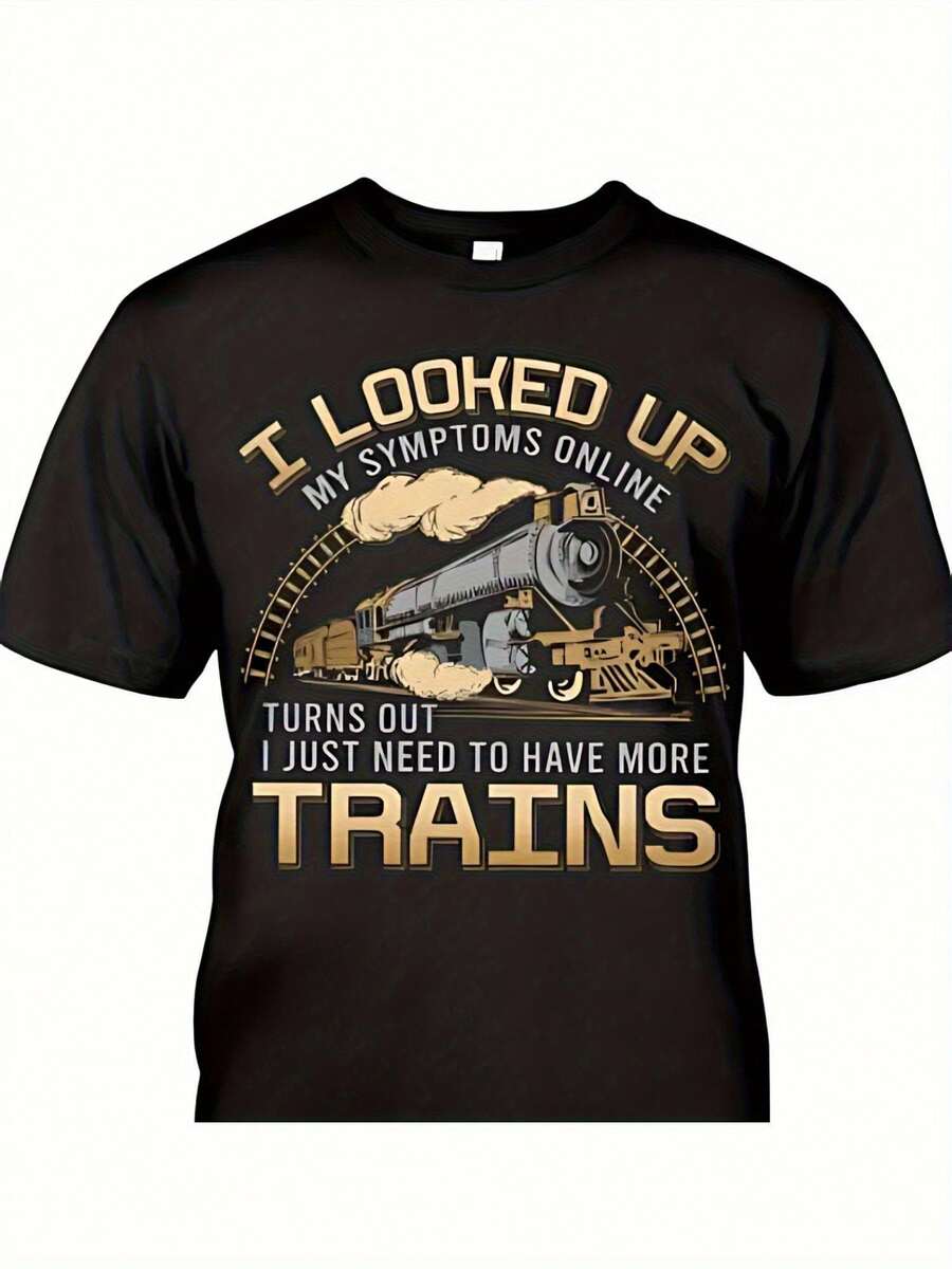 Men  Size  Men I Looked Up My Symptoms Online Humorous Train Graphic T-Shirt Cotton Comfortable Casual Wear Ideal Gift For DadHusbandTrain Enthusiasts  Men Size L-3XL - 黑色 - 查看 1