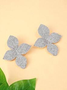 STONEFANS 2pcs Floral Rhinestone Earrings, Exaggerated Sparkly Earrings, Unique Personalized Accessories For Women - Silver - View 4