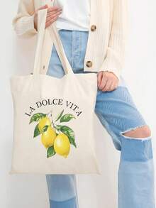 1/2pcs Large Canvas Tote Bag-Lemon Design Light Shopping Bag Cosmetic Bag Shoulder Bag, Ladies, Farmers Market, Picnic, Lemon Lovers Gift, Summer Style Handle, Beach Shopping Essential Foldable, Large Capacity, Light Weight, Stylish Personalized Tote Bag, Shoulder Bag, Casual Shopping Bag Store Back To School