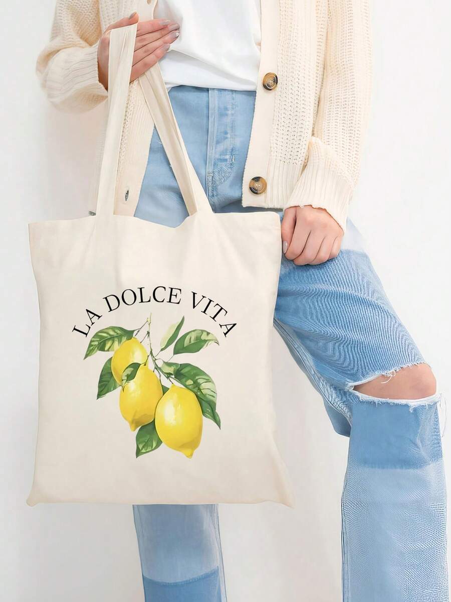 1/2pcs Large Canvas Tote Bag-Lemon Design Light Shopping Bag Cosmetic Bag Shoulder Bag, Ladies, Farmers Market, Picnic, Lemon Lovers Gift, Summer Style Handle, Beach Shopping Essential Foldable, Large Capacity, Light Weight, Stylish Personalized Tote Bag, Shoulder Bag, Casual Shopping Bag Store Back To School