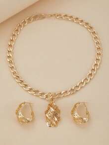 3pcs/Set Golden Necklace Jewelry Set For Women Special Hollow Design Pendant Earrings Wedding Anniversary Gifts Jewellry Accessories - 套裝 - 查看 5