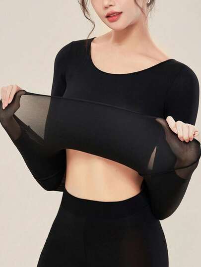 Camisetas sin costuras para mujer, camiseta interior de encaje de otoño ultradelgada, ropa de otoño para mujer, ropa interior térmica sólida, cálida y cómoda, de manga larga y cuello redondo, camiseta interior sin costuras, ajuste ceñido y alta elasticidad, capa base transparente para mujer en color beige, tops casuales de unicolor, ligeros y cálidos para otoño e invierno, de tela fina como capa base